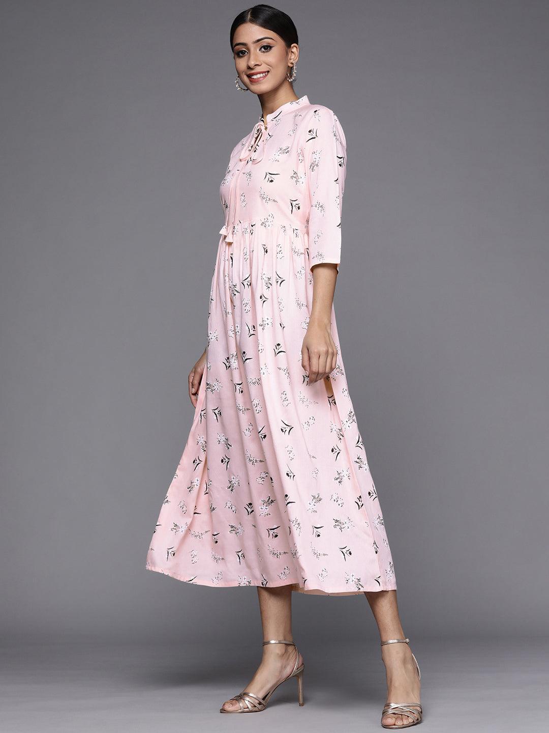 Pink Printed Rayon Maxi Dress