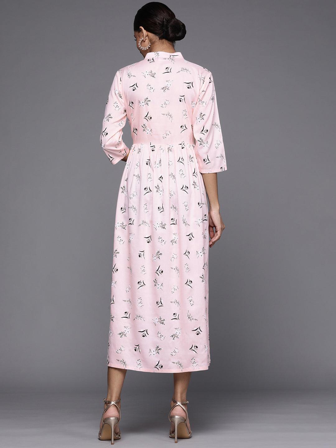 Pink Printed Rayon Maxi Dress