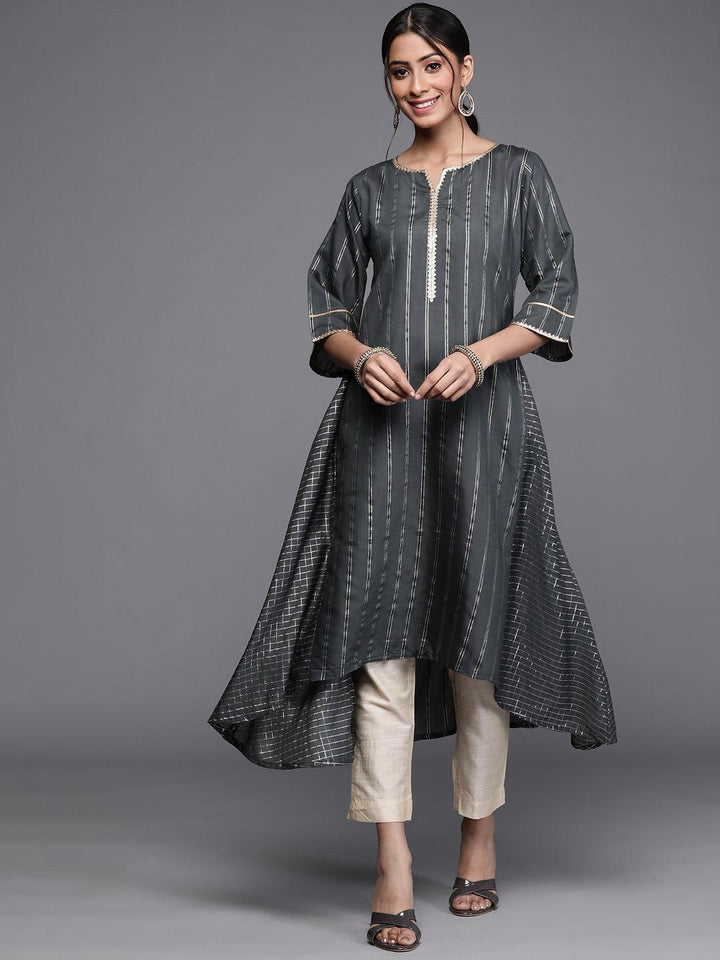 Grey Striped Chanderi Silk Kurta - ShopLibas