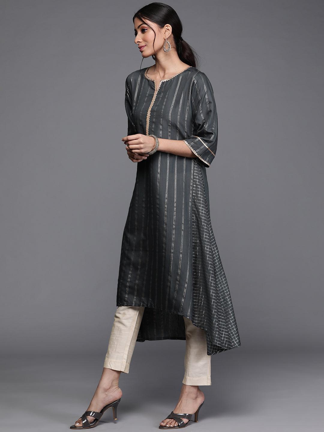 Grey Striped Chanderi Silk Kurta - ShopLibas