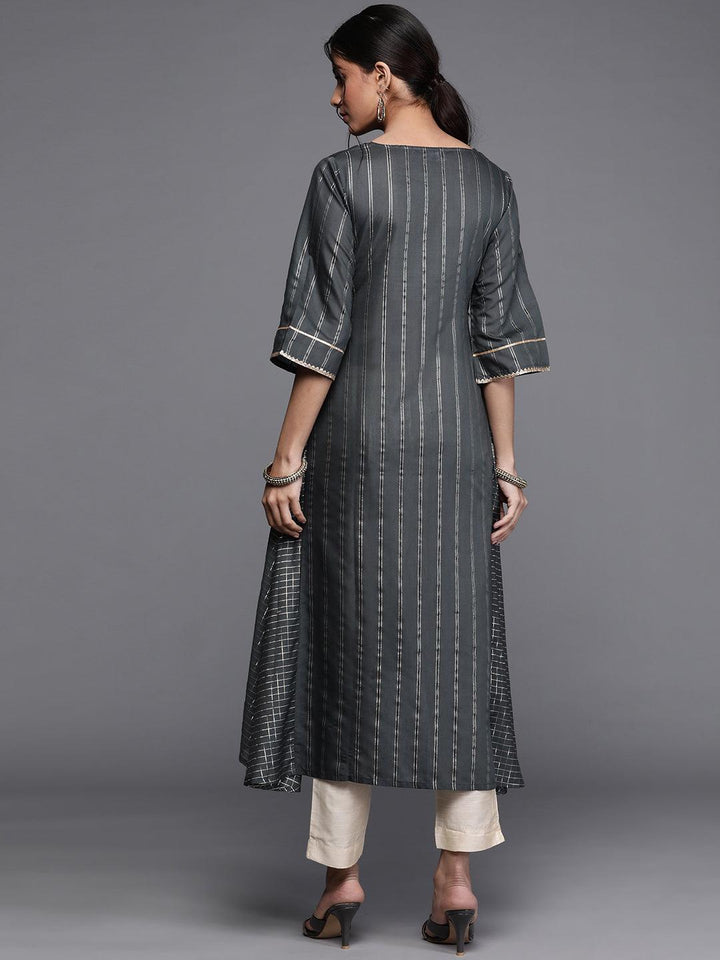 Grey Striped Chanderi Silk Kurta - ShopLibas