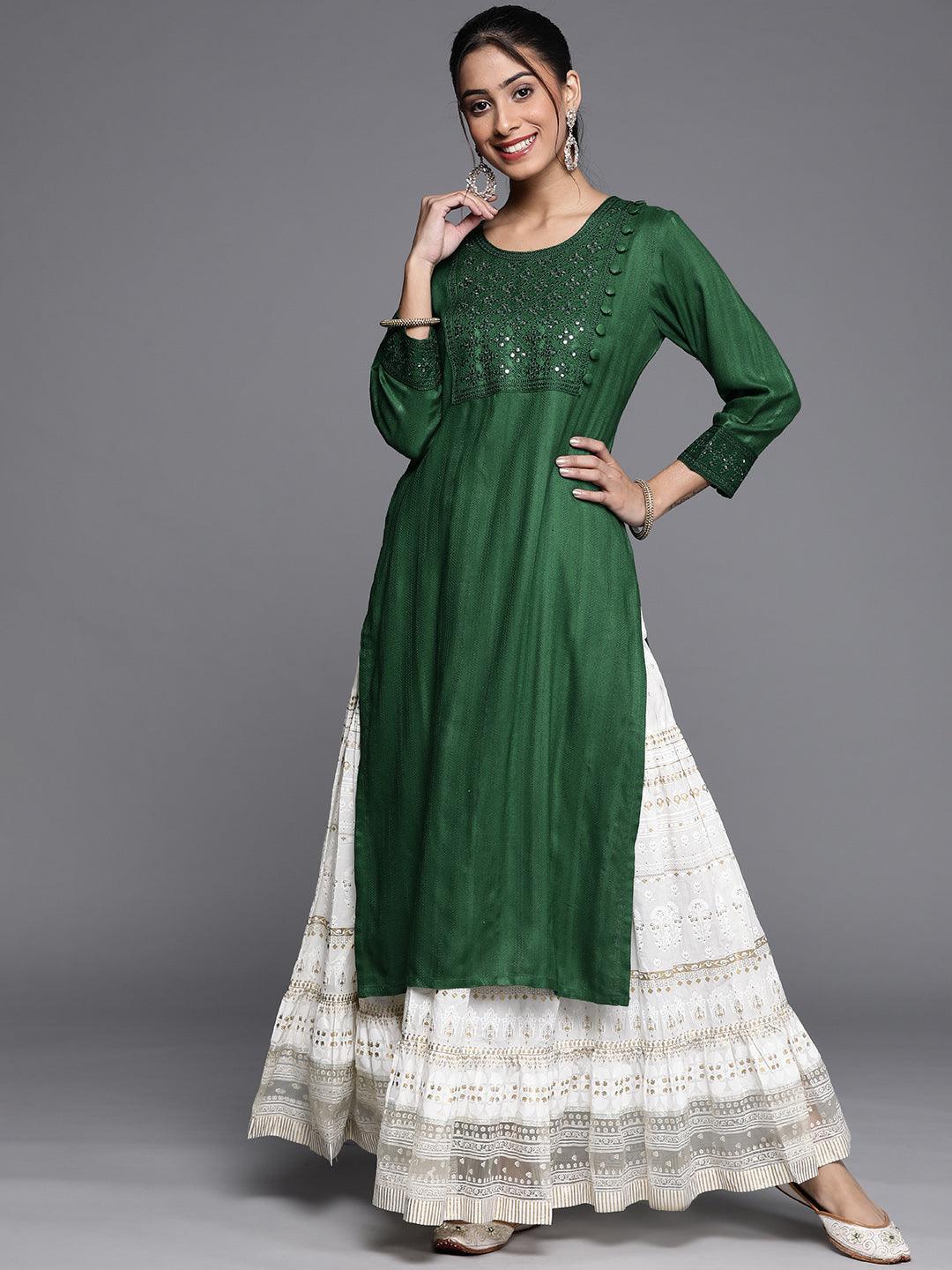 Green Embroidered Rayon Kurta