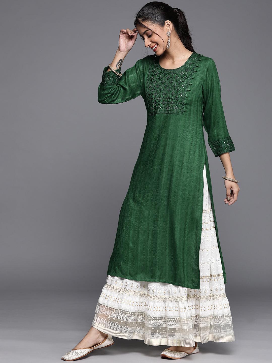 Green Embroidered Rayon Kurta