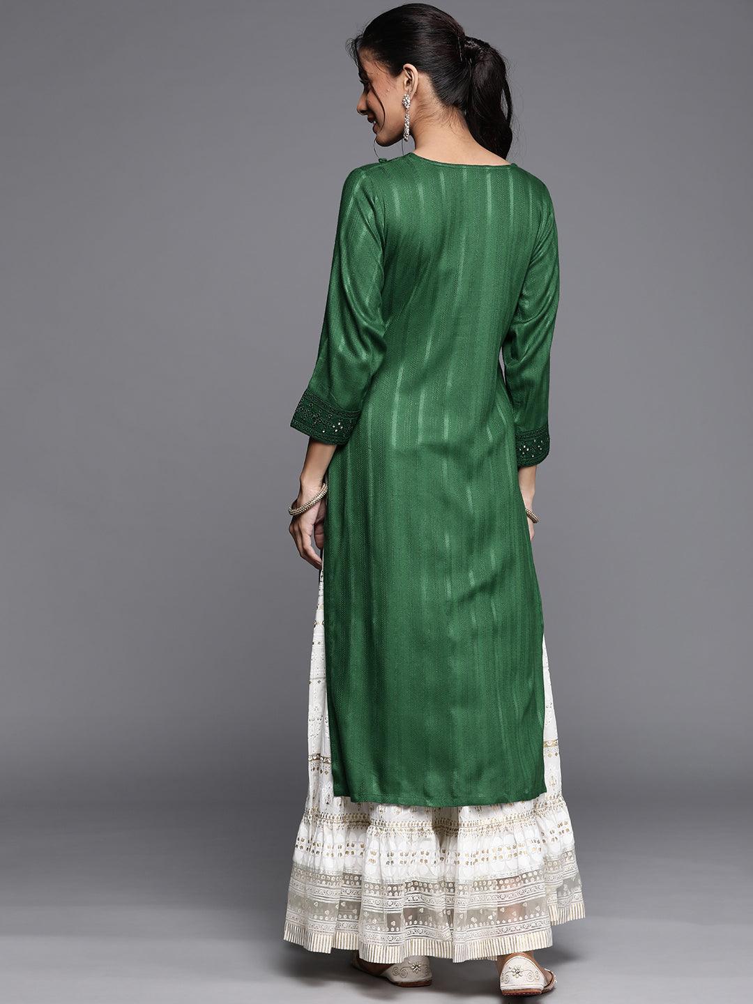 Green Embroidered Rayon Kurta