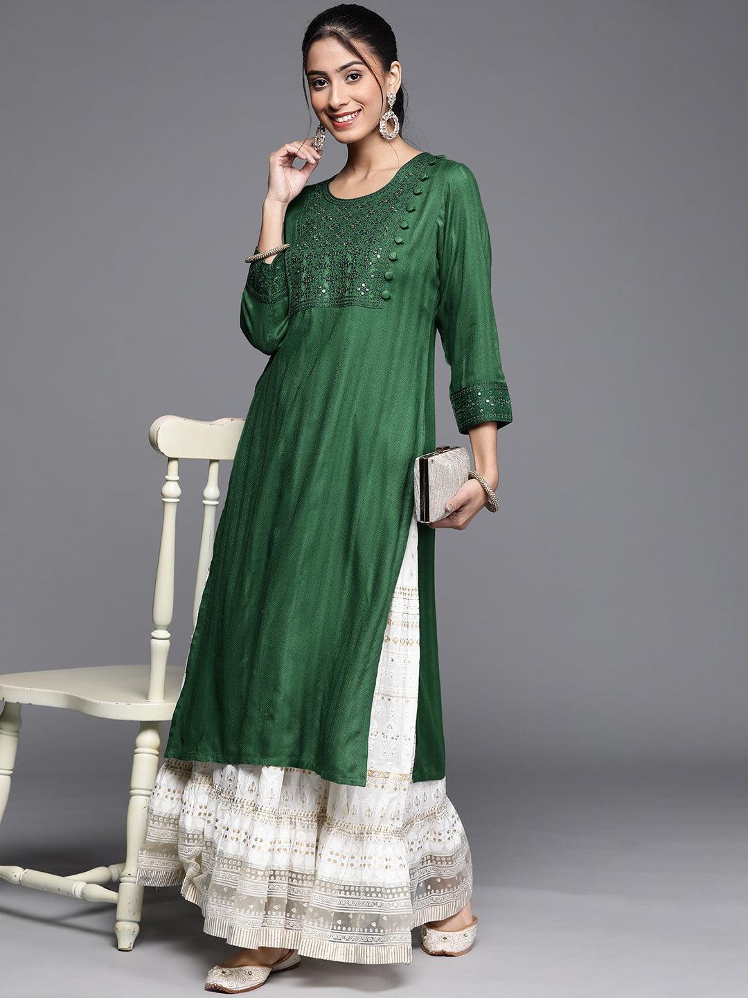 Green Embroidered Rayon Kurta