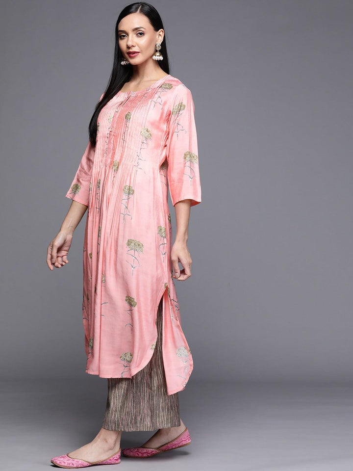 Pink Printed Chanderi Silk Kurta - ShopLibas