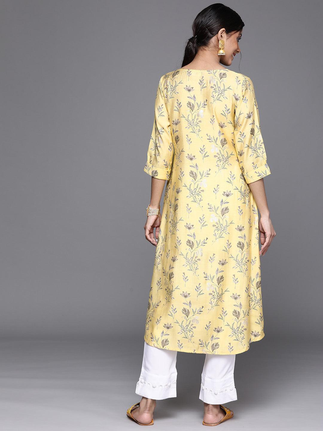 Yellow Printed Chanderi Silk Kurta