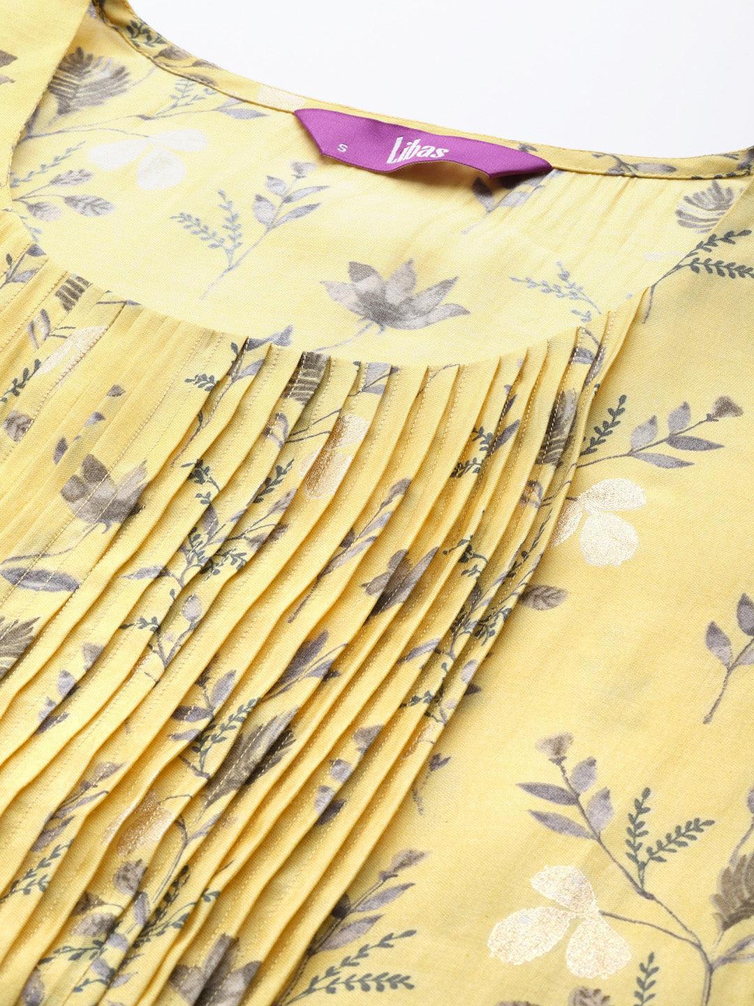 Yellow Printed Chanderi Silk Kurta