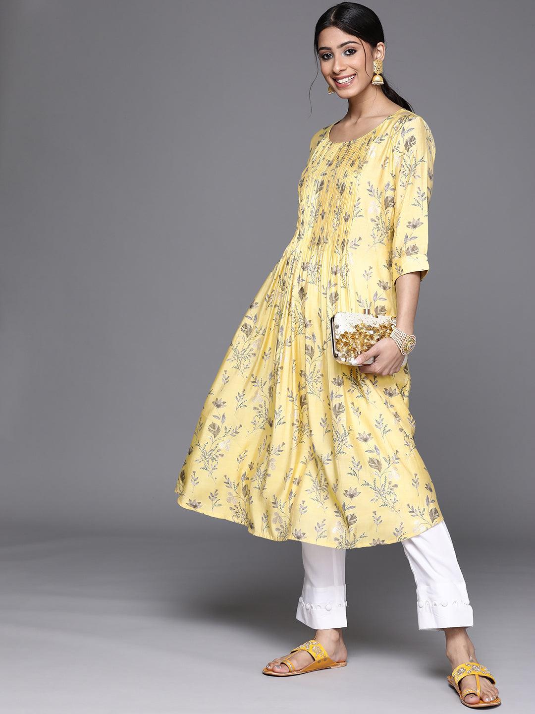 Yellow Printed Chanderi Silk Kurta