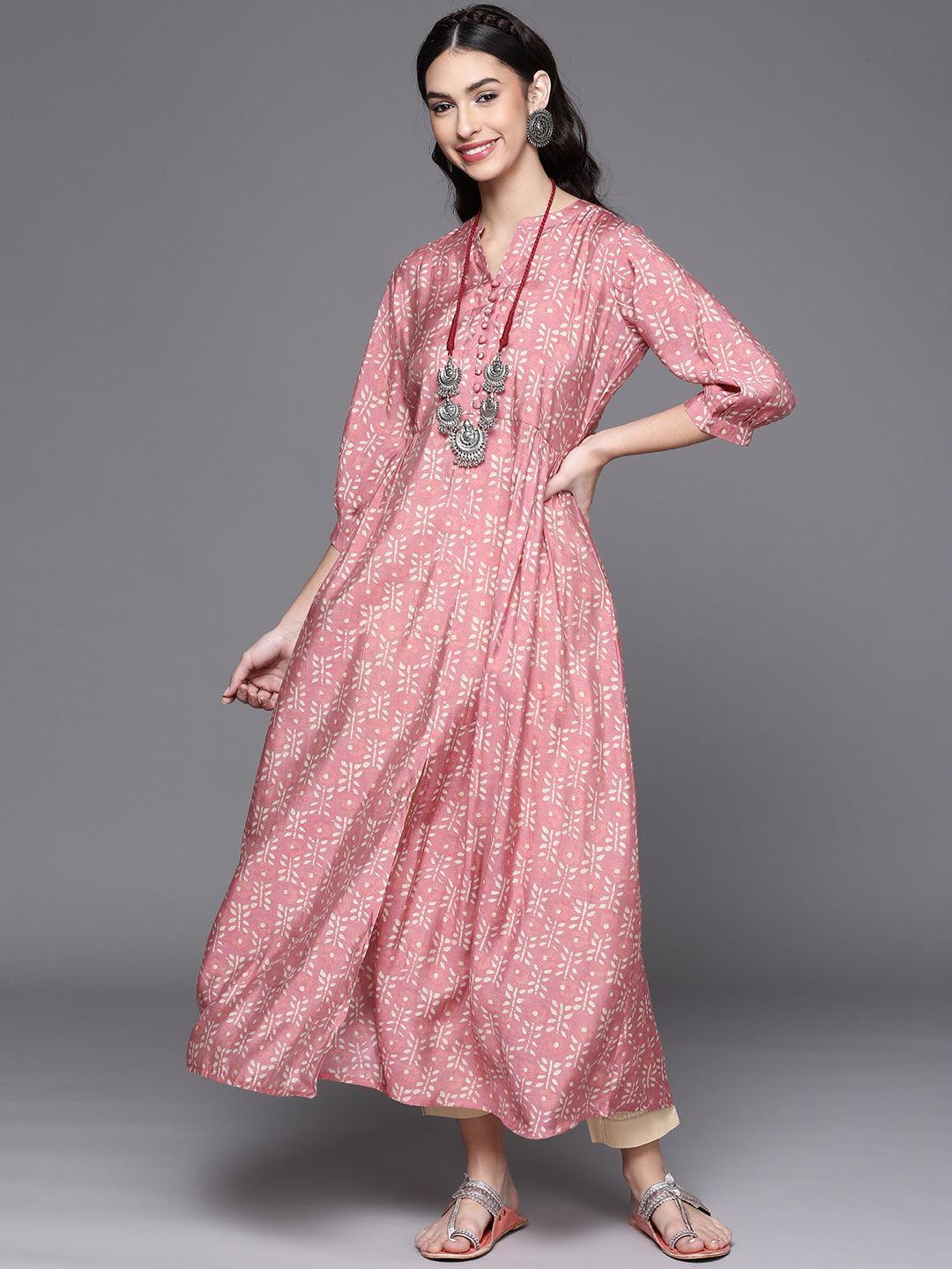 Pink Printed Chanderi Silk Kurta - ShopLibas