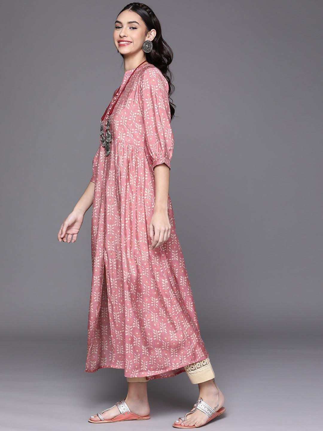 Pink Printed Chanderi Silk Kurta