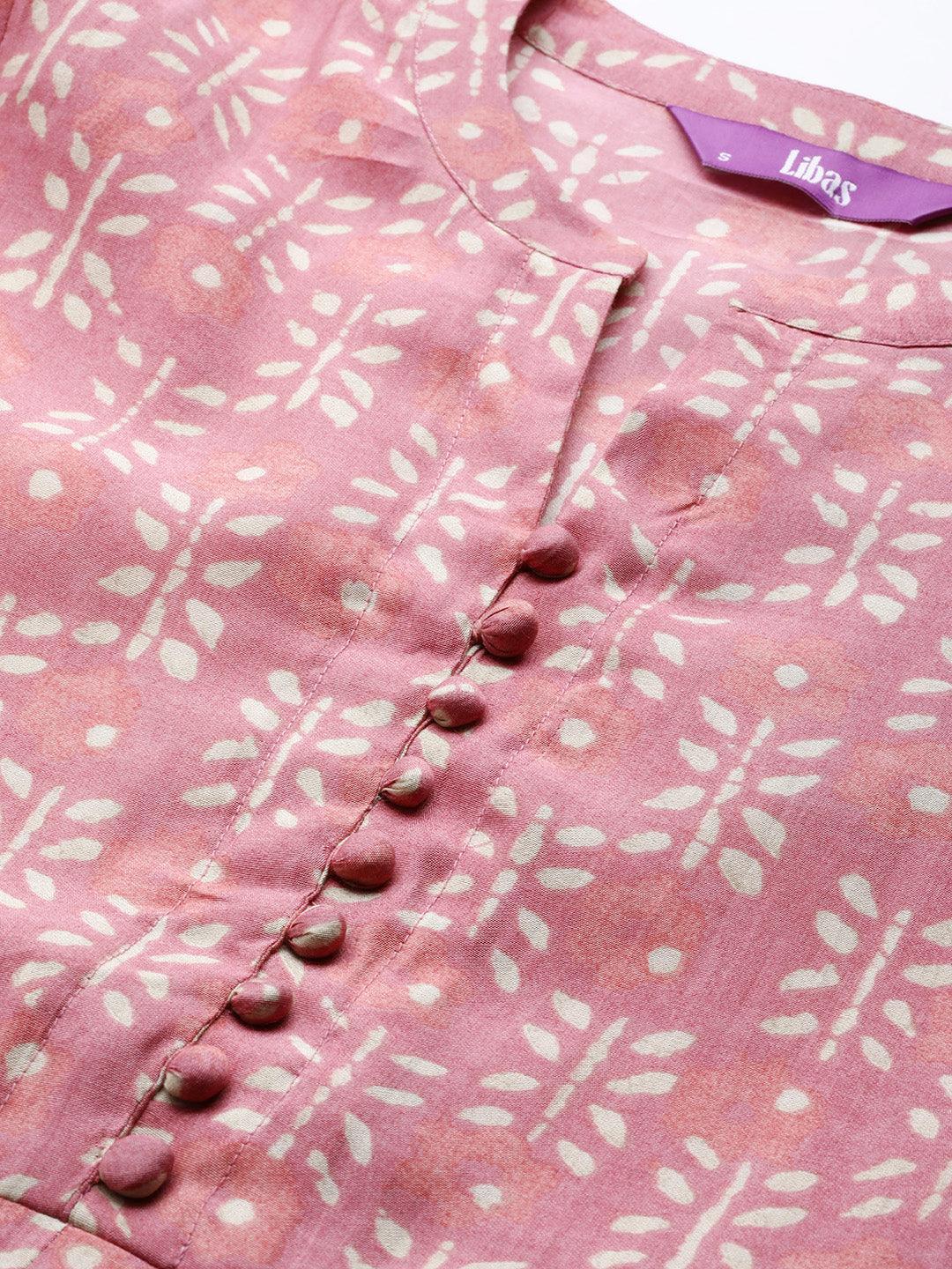 Pink Printed Chanderi Silk Kurta - ShopLibas