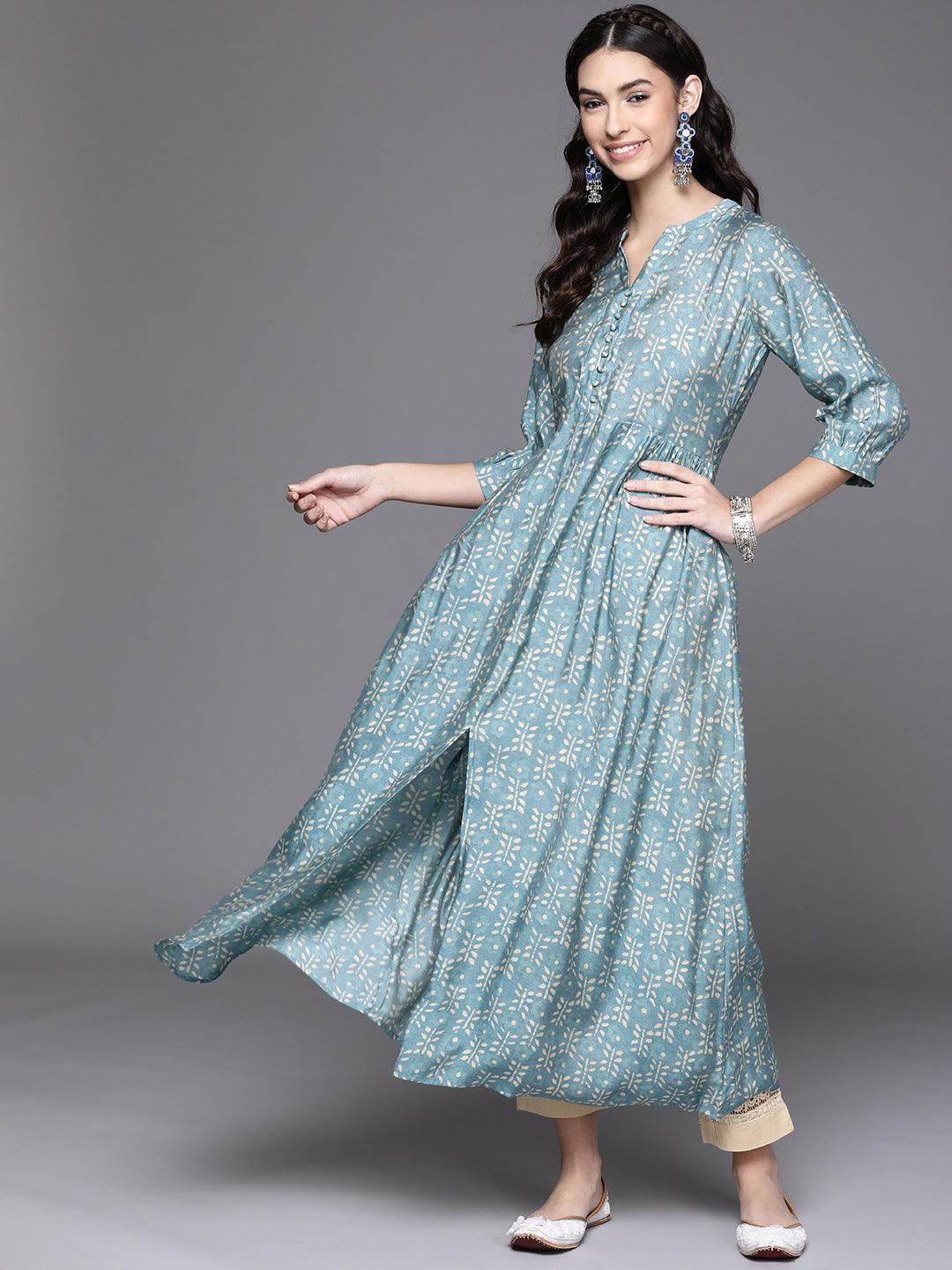 Blue Printed Chanderi Silk Kurta