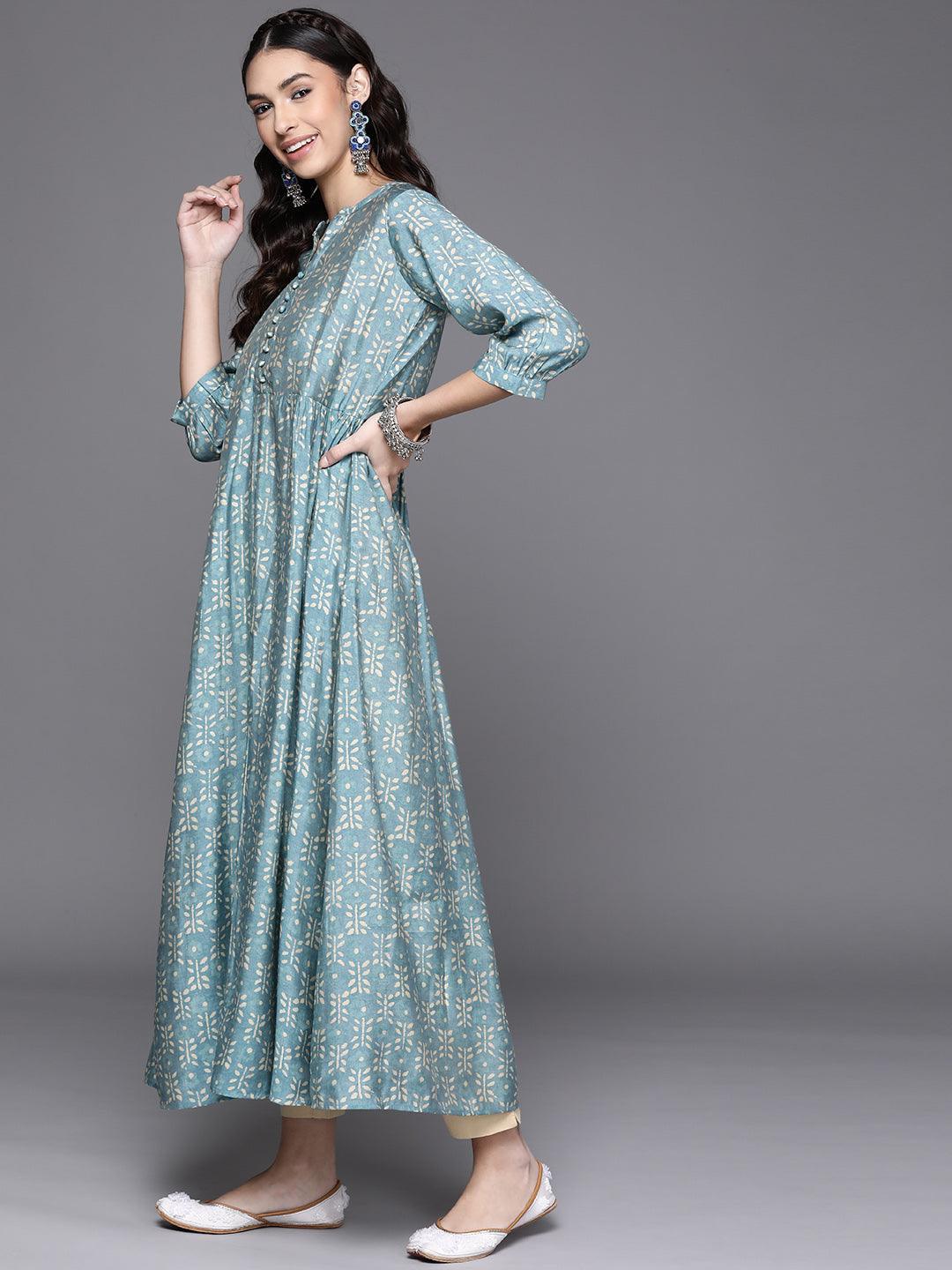 Blue Printed Chanderi Silk Kurta