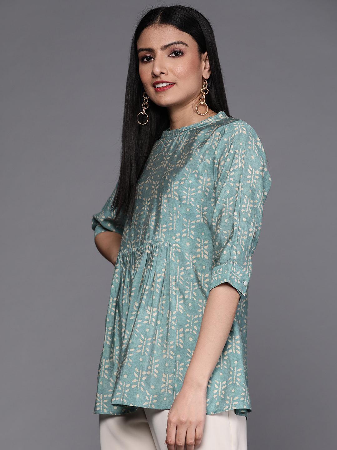 Blue Printed Silk Blend Kurti