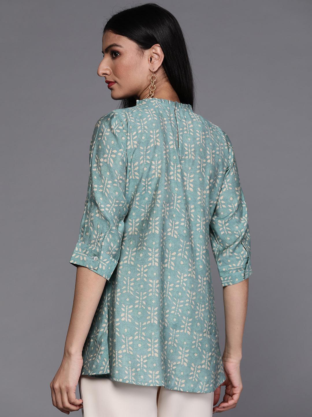 Blue Printed Silk Blend Kurti