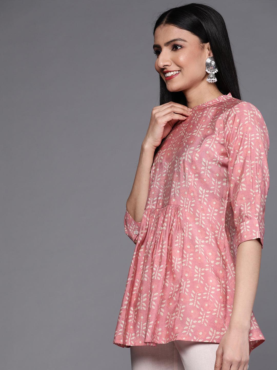 Pink Printed Silk Blend Kurti - ShopLibas