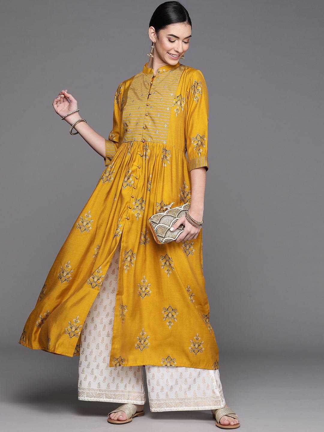 Mustard Yoke Design Chanderi Silk Kurta