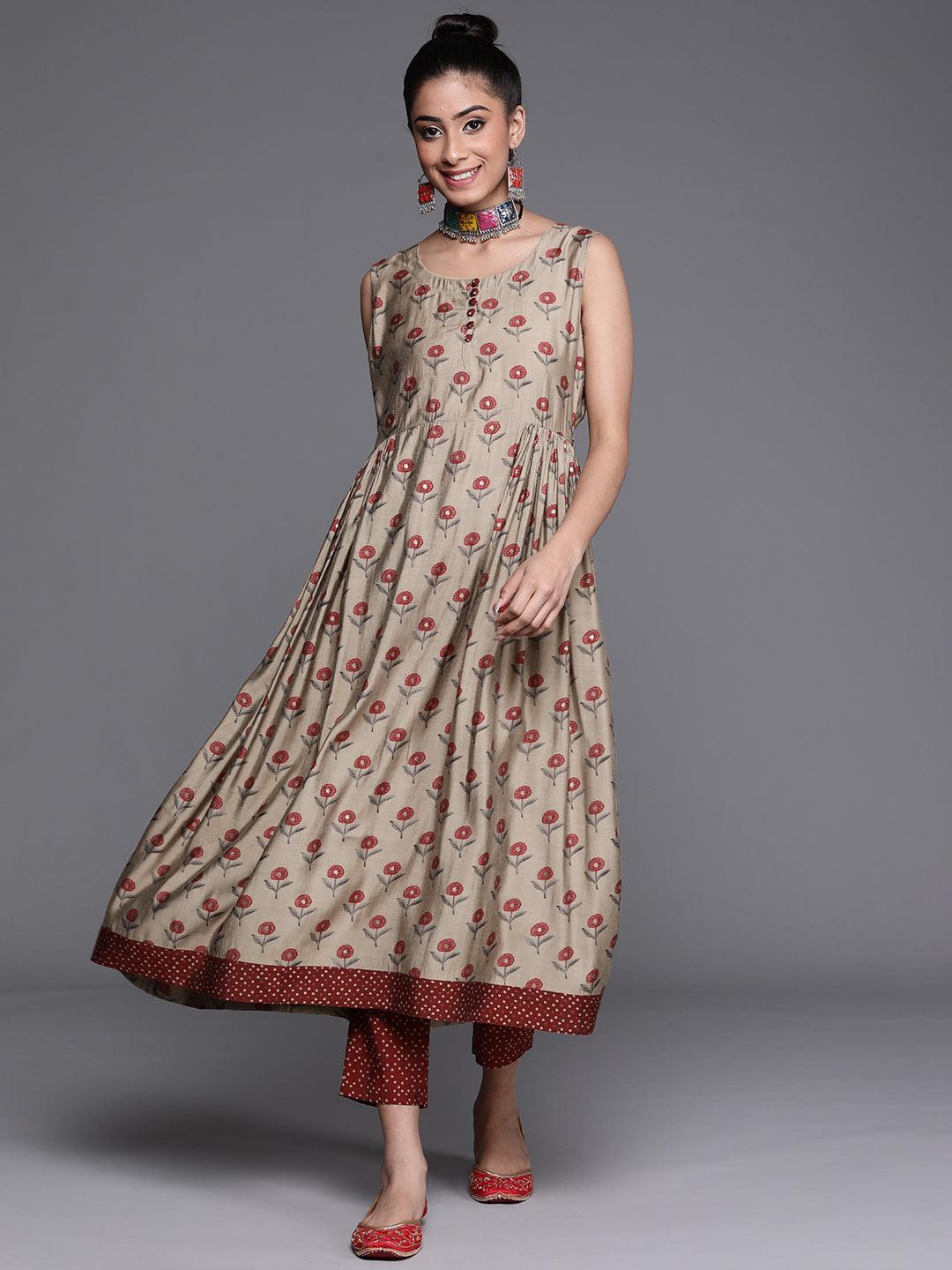 Beige Printed Chanderi Silk Kurta