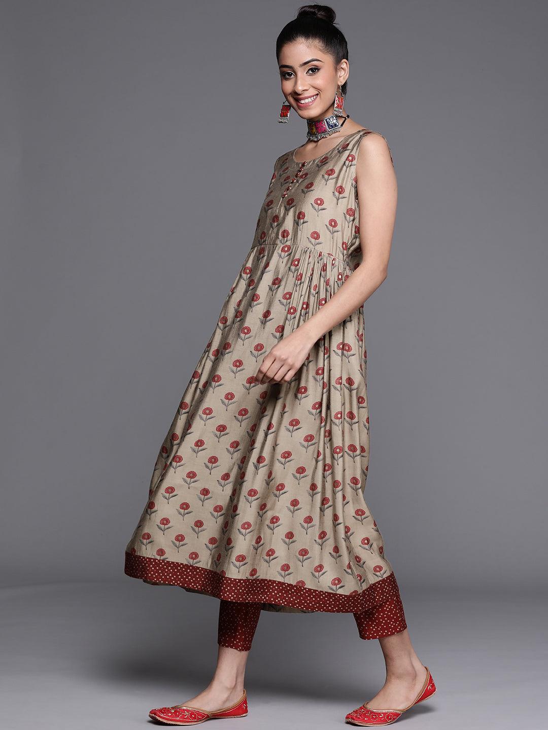 Beige Printed Chanderi Silk Kurta