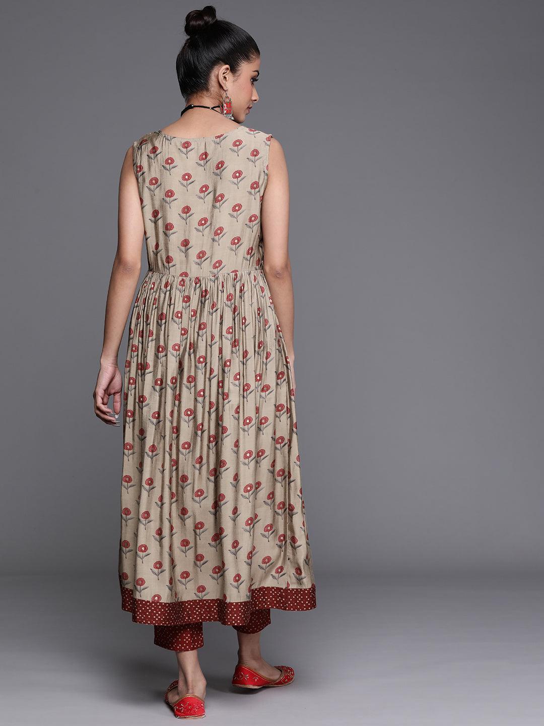 Beige Printed Chanderi Silk Kurta