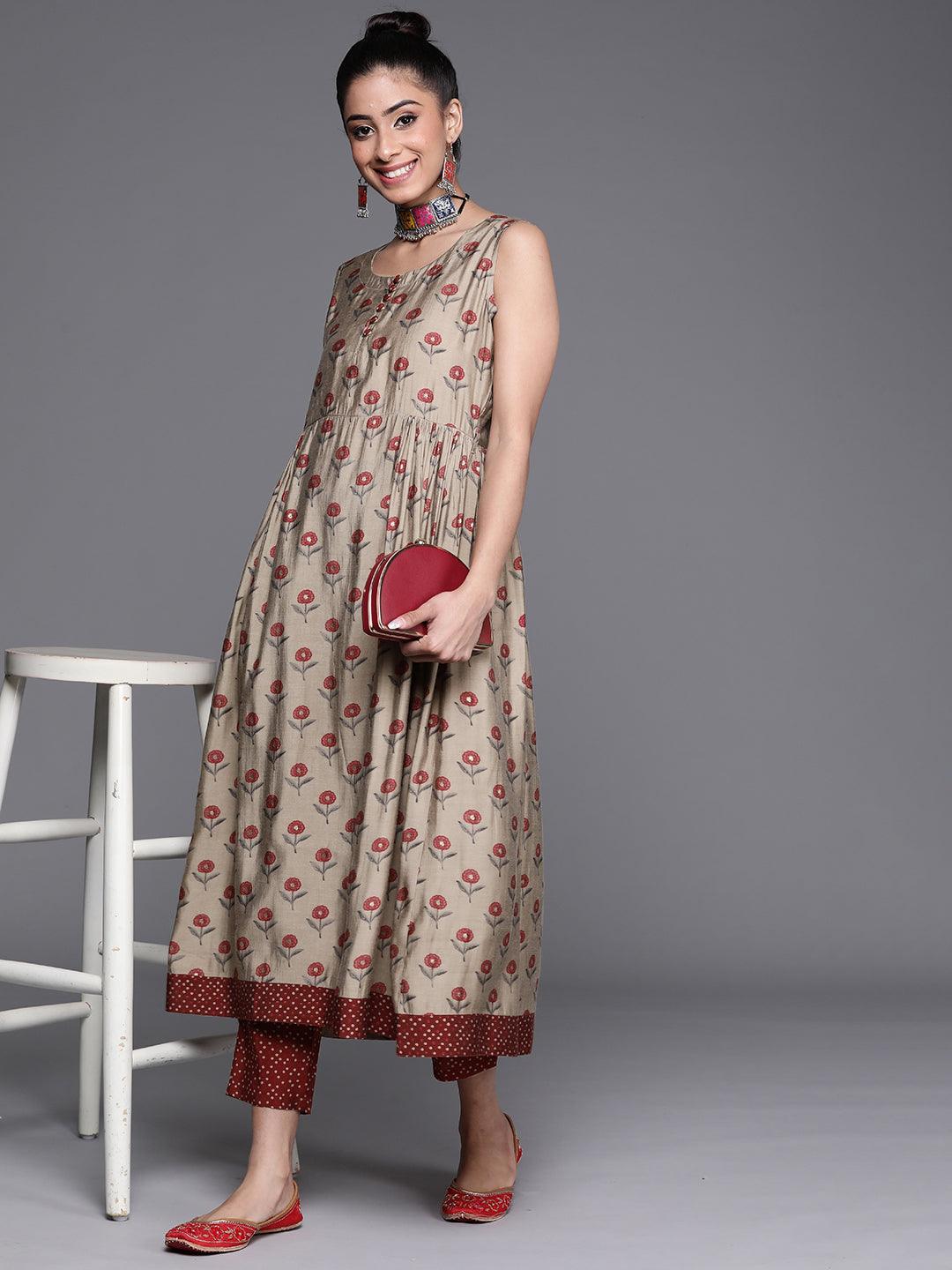 Beige Printed Chanderi Silk Kurta