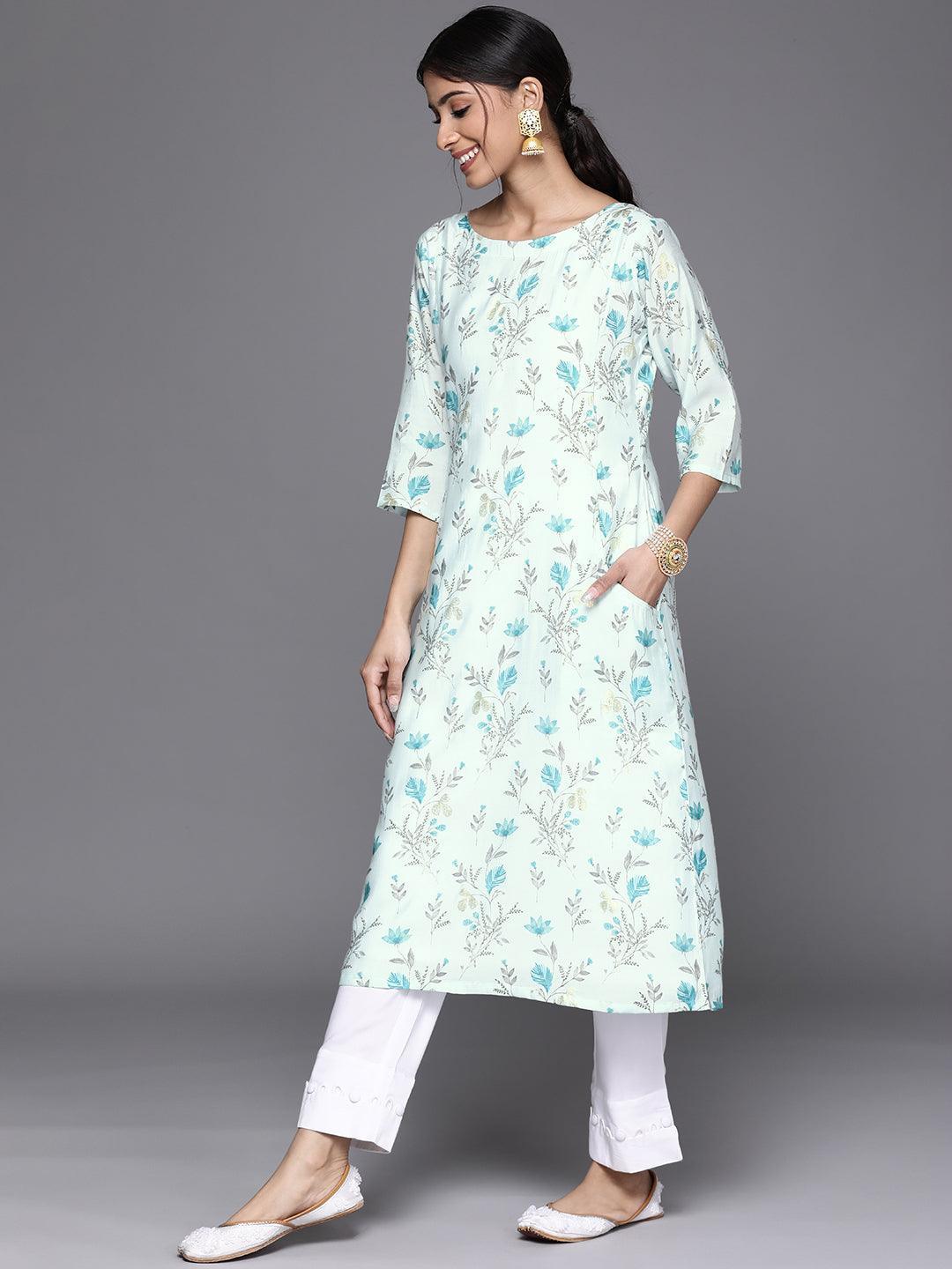 Blue Printed Chanderi Silk Kurta