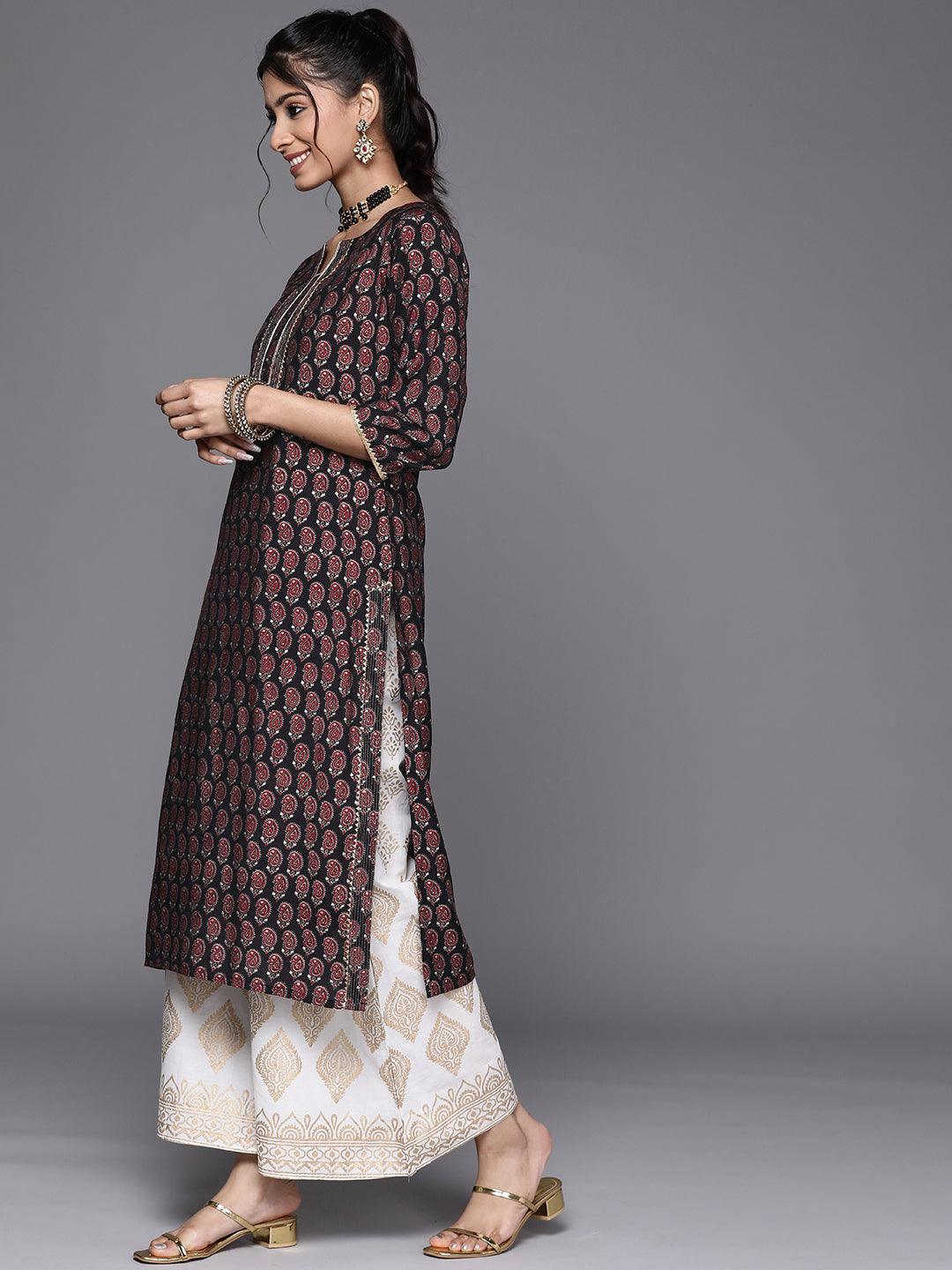 Black Printed Chanderi Silk Kurta