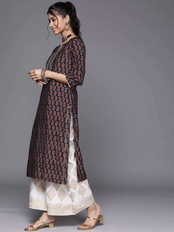 Black Printed Chanderi Silk Kurta - ShopLibas