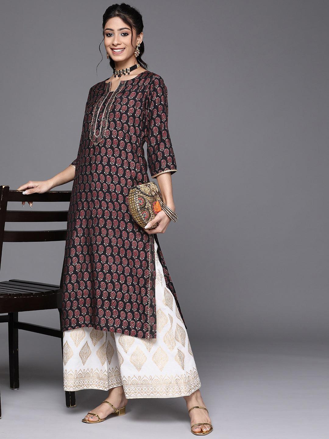 Black Printed Chanderi Silk Kurta - ShopLibas