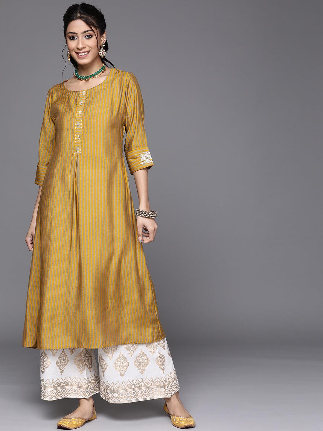 Yellow Striped Chanderi Silk Kurta