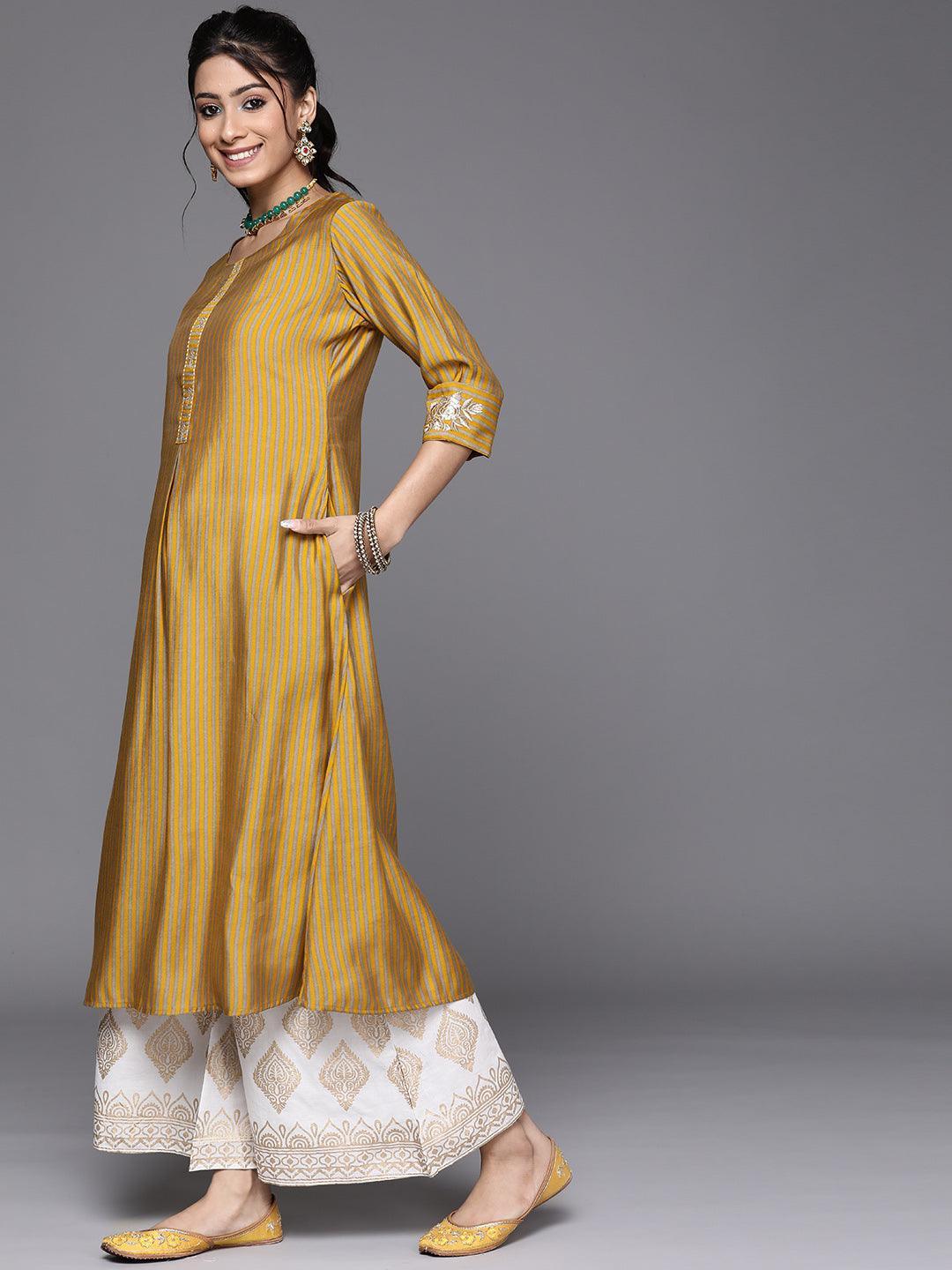 Yellow Striped Chanderi Silk Kurta