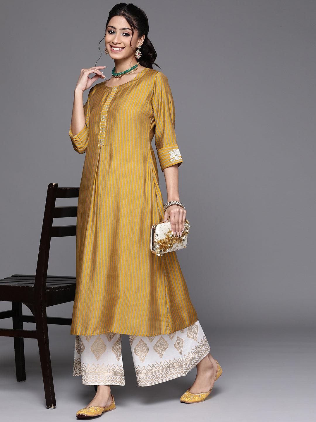 Yellow Striped Chanderi Silk Kurta