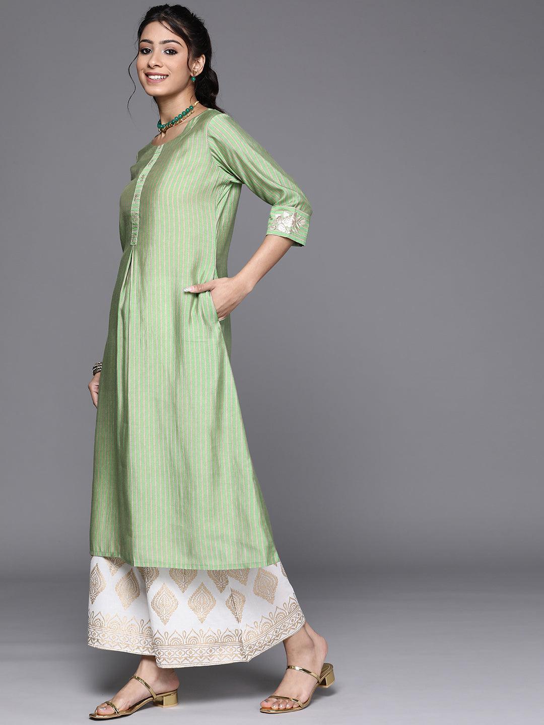 Green Striped Chanderi Silk Kurta