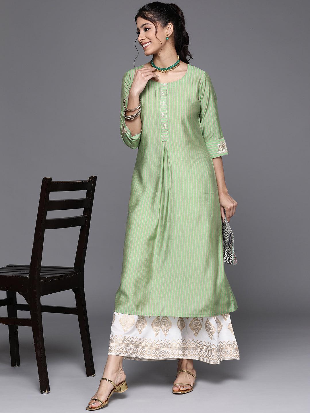 Green Striped Chanderi Silk Kurta