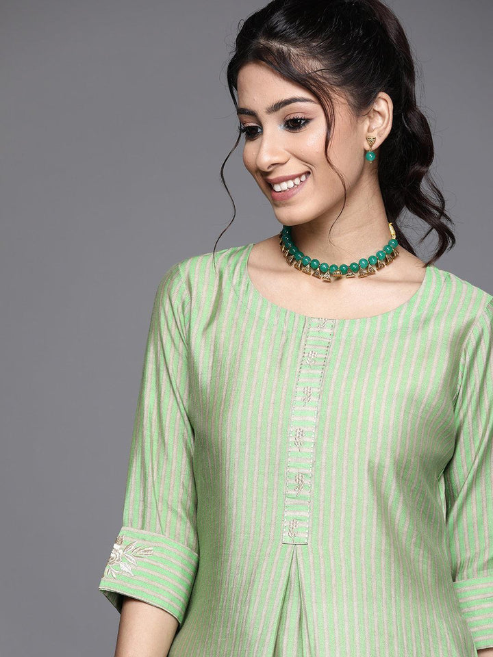 Green Striped Chanderi Silk Kurta - ShopLibas