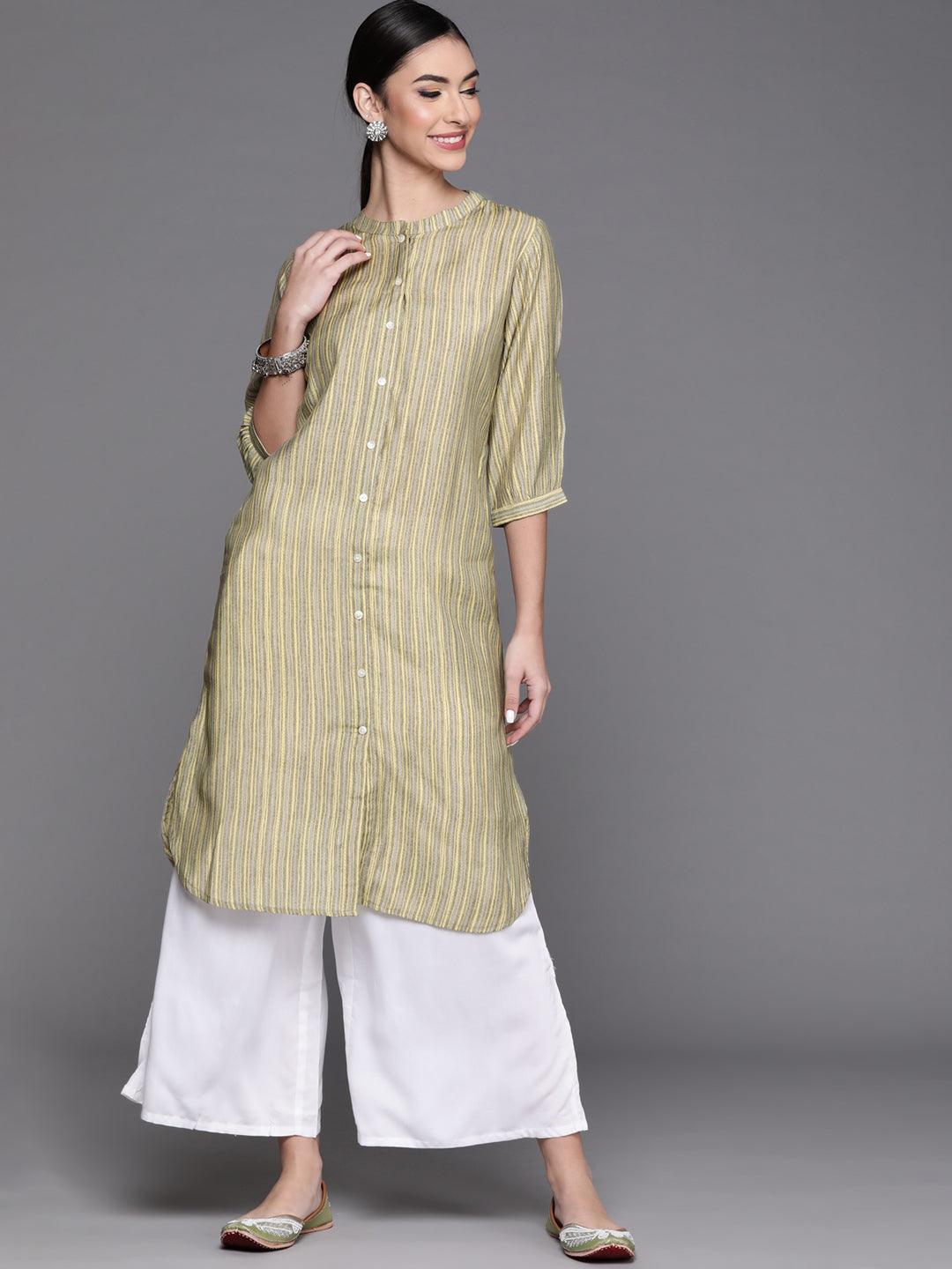 Olive Printed Chanderi Silk Kurta