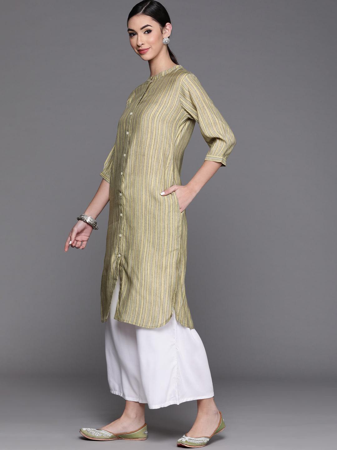 Olive Printed Chanderi Silk Kurta - ShopLibas