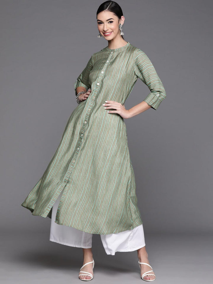 Green Striped Chanderi Silk Kurta - ShopLibas