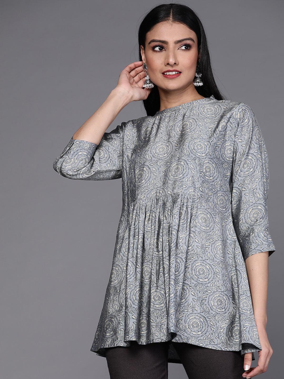 Grey Printed Chanderi Silk Kurti