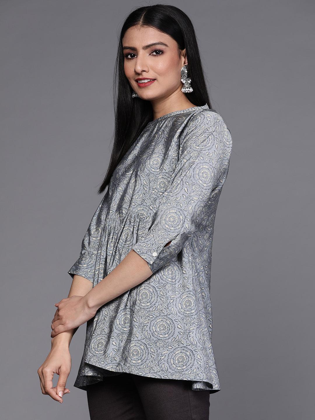 Grey Printed Chanderi Silk Kurti