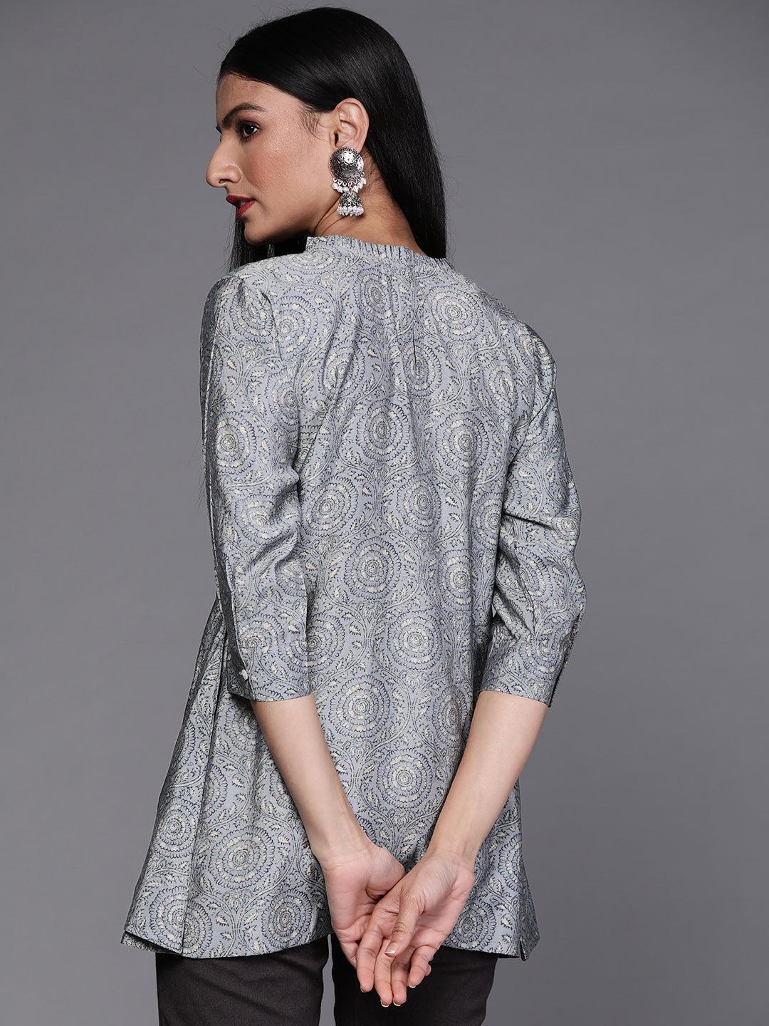 Grey Printed Chanderi Silk Kurti