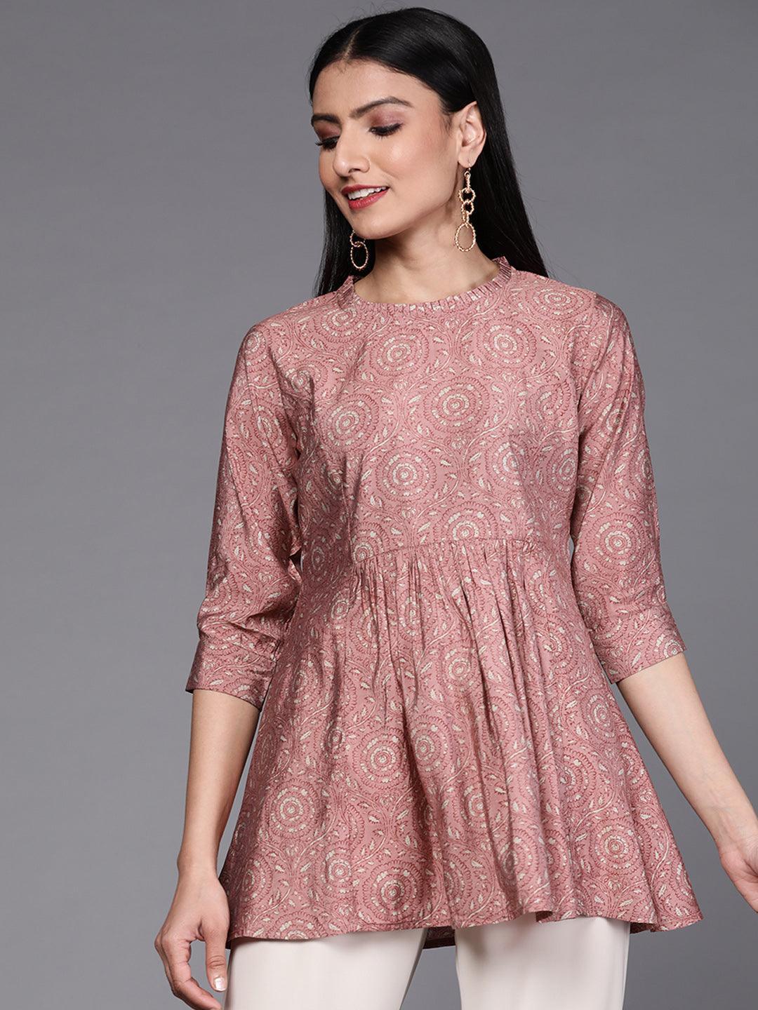 Pink Printed Chanderi Silk Kurti