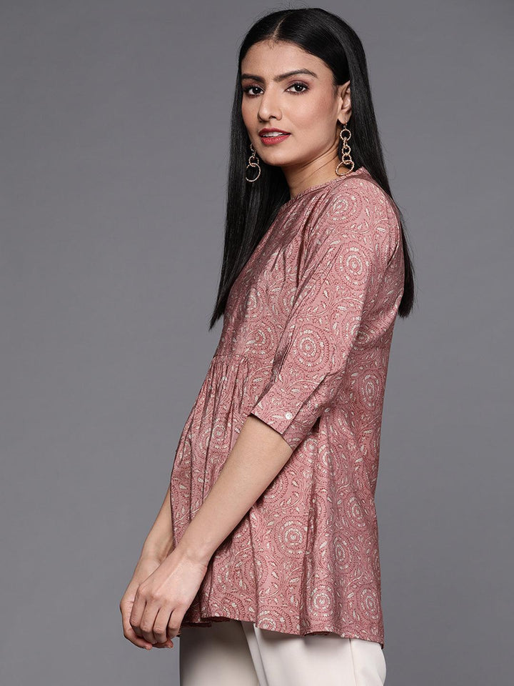 Pink Printed Chanderi Silk Kurti - ShopLibas