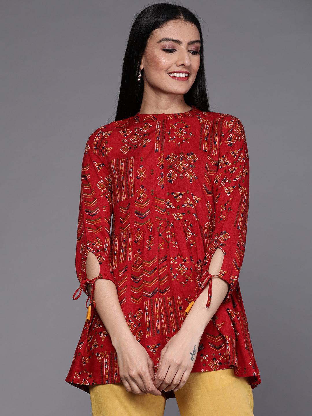 Red Printed Viscose Rayon Kurti - ShopLibas