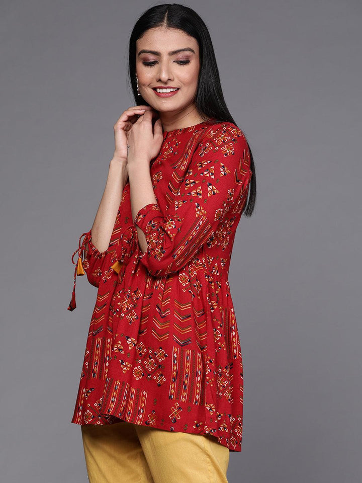 Red Printed Viscose Rayon Kurti - ShopLibas