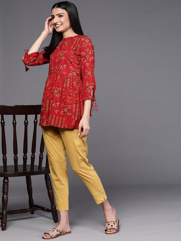 Red Printed Viscose Rayon Kurti - ShopLibas