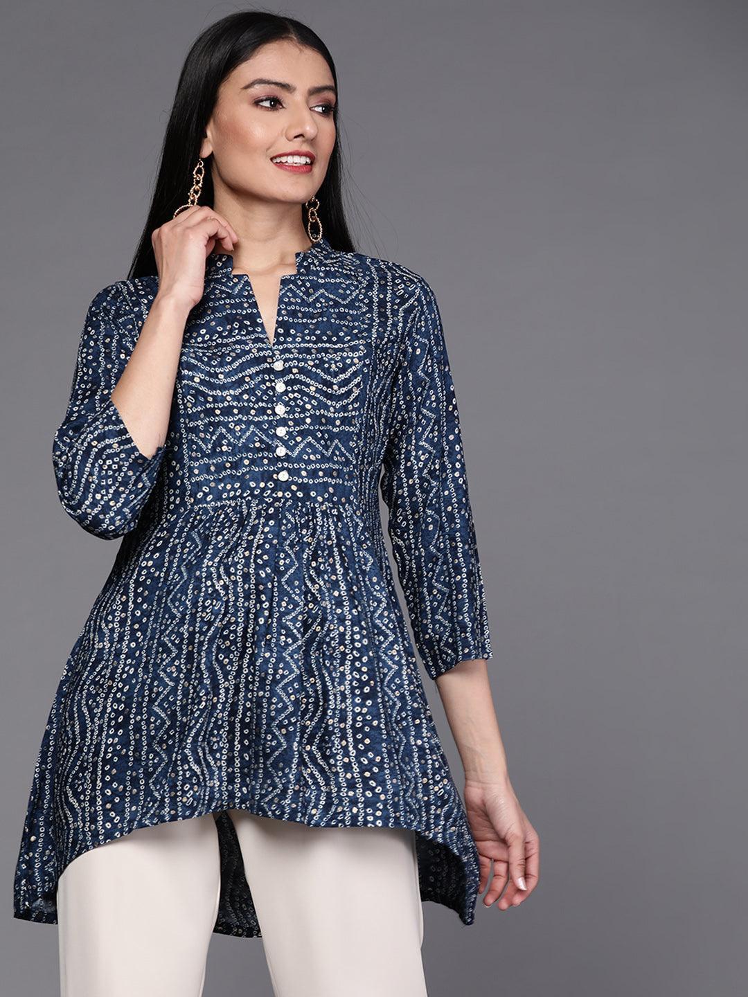 Navy Blue Printed Viscose Rayon Kurti - ShopLibas