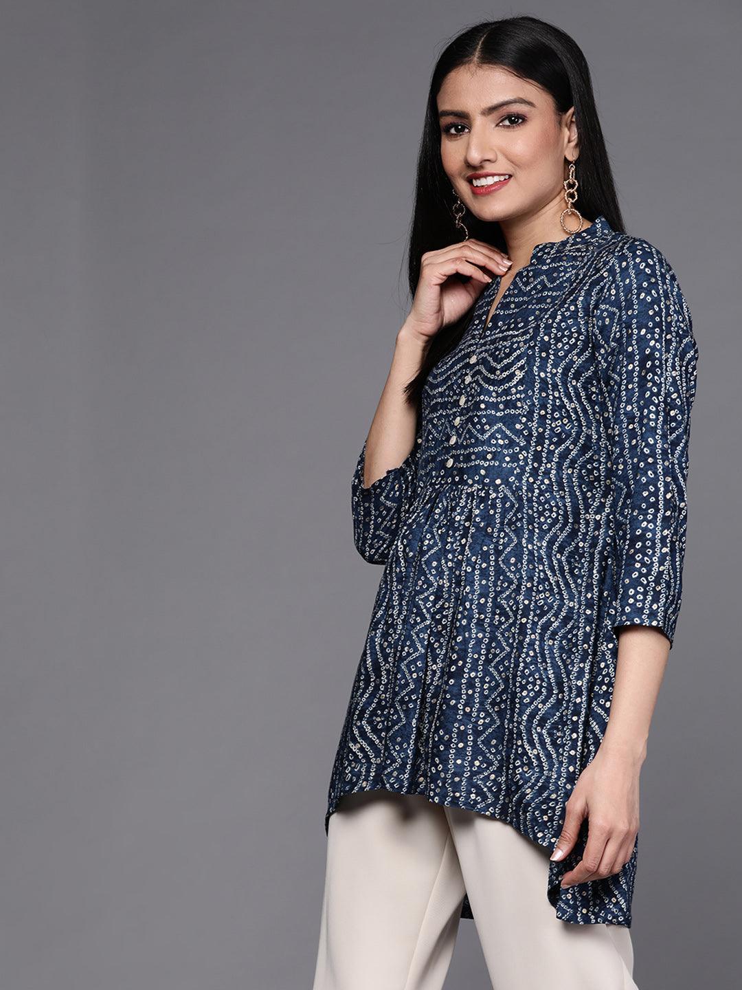 Navy Blue Printed Viscose Rayon Kurti