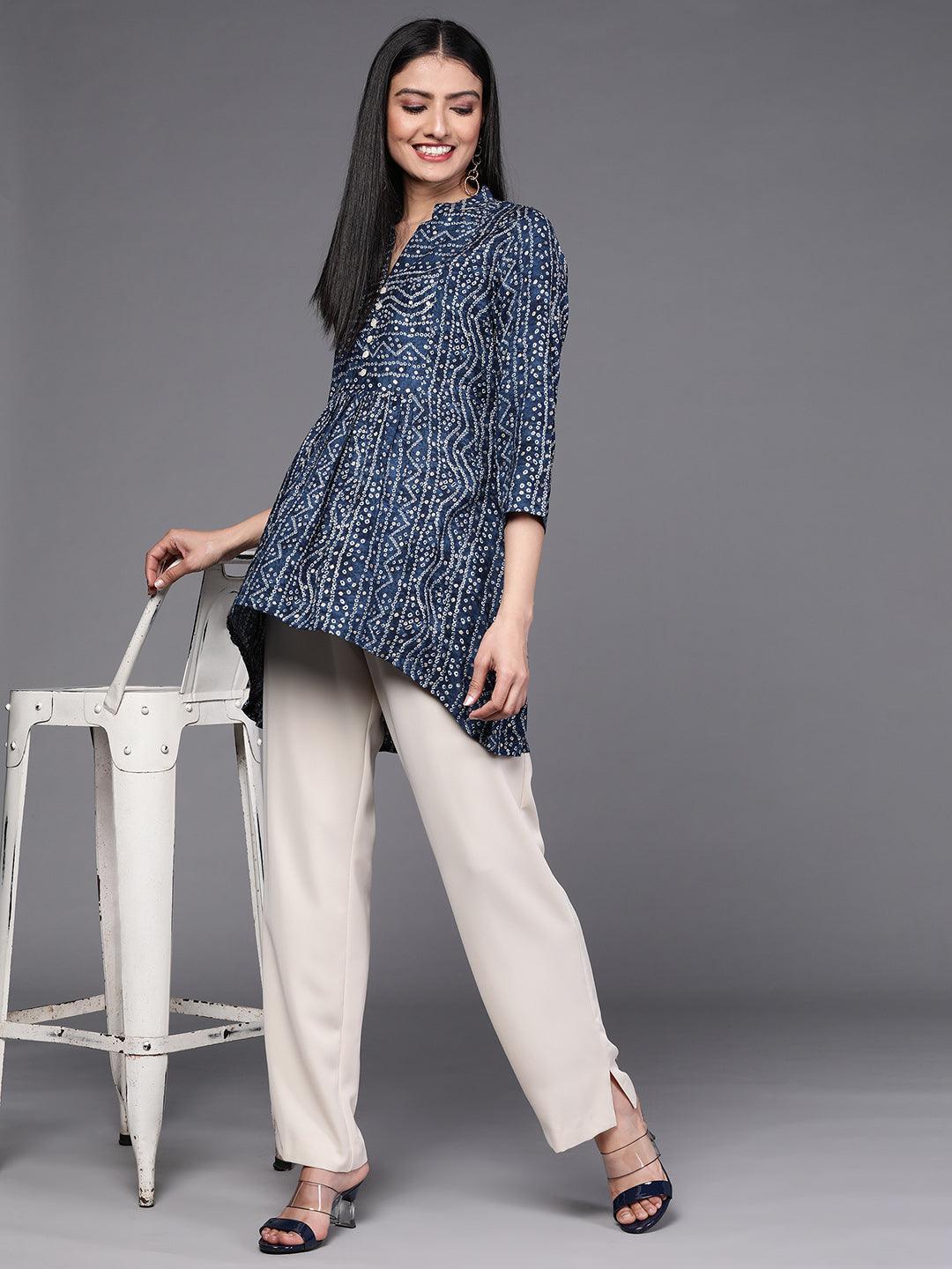 Navy Blue Printed Viscose Rayon Kurti - ShopLibas